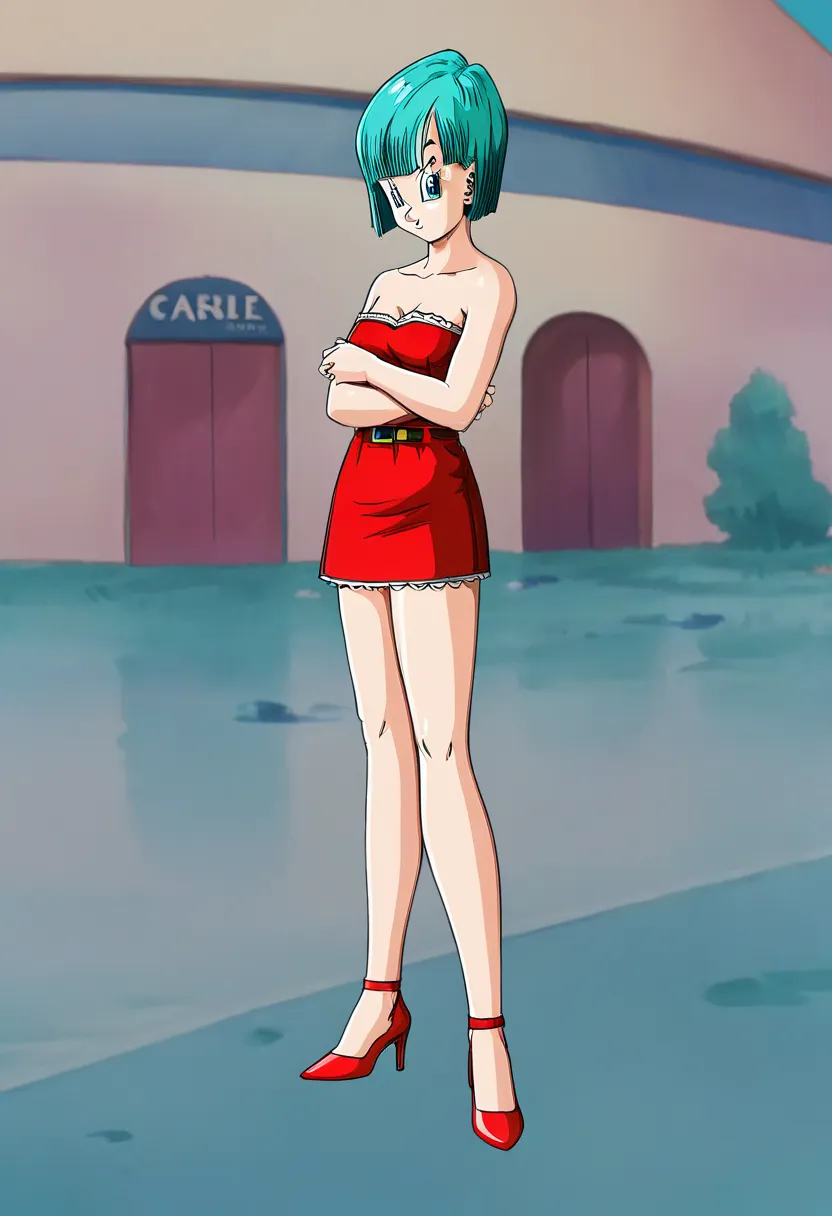 Bulma,  short hair, aquamarine hair, bob cut style .,  water colored hair ,  Bangs ,  blue eyes, attire, From Saga de los Androides ,  strapless red shirt ,  Red Pleated Skirt  ,  bare shoulders,cowboy shot,  looking sideways , serious guy.  full body,  ba...