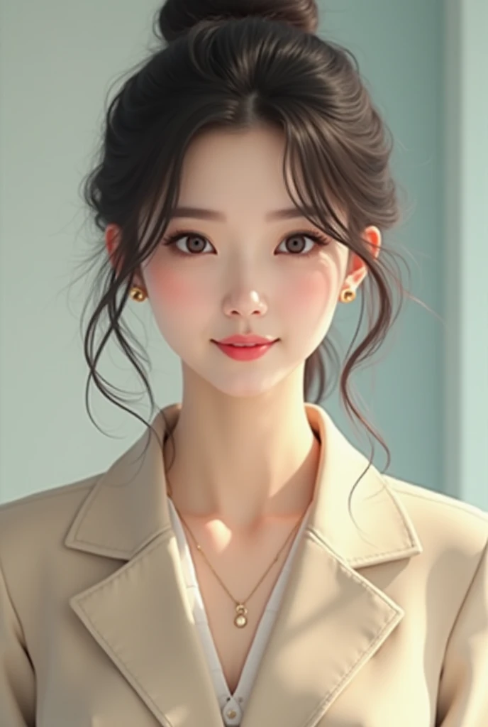 
( super real), (shape), ( high resolution), (8k), ( very detailed), (Best shape), (Big beautiful double eyelids), ( best quality ), ( very detailedな), (masterpiece), (wallpaper), ( detailed face), beige beige suit、A clear background、 bun hair for your toe...