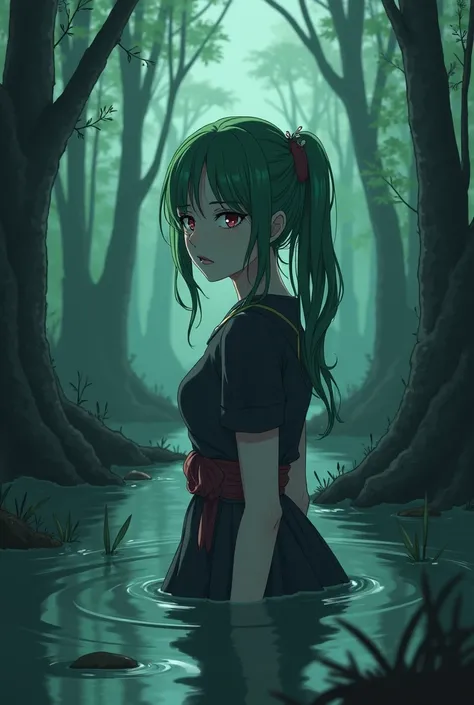 "Create an anime-style scene featuring an 18-year-old magical girl (mahou shoujo) with hair and clothing typical of the genre. She is knee-deep in a swamp, looking very sad. Highlight the contrast between the girl's beauty and the swamp's grim environment....