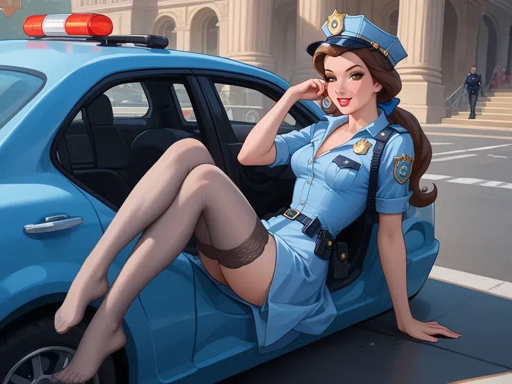 PonyXLV6_Scores ,source_anime, masterpiece,best quality, highly detailed, BREAK belle,1girl, solo, brown hair, brown eyes, naughty face, barefoot, small-medium beautiful feet, blue bow, ponytail, ((Princess Belle sitting on the trunk of a patrol car, weari...