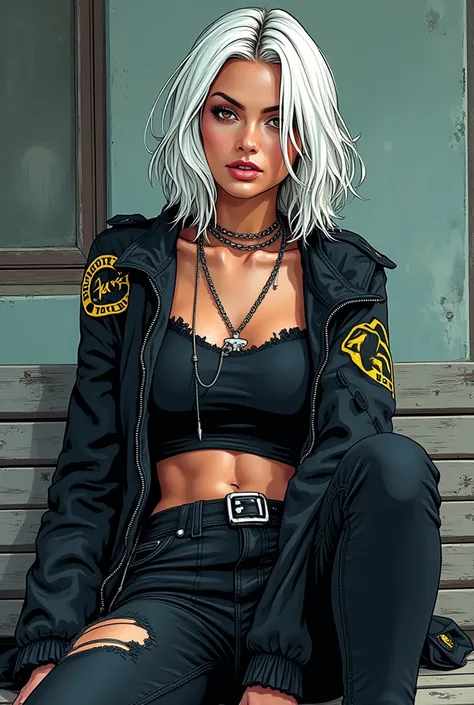 A beautiful woman in gang clothes with white hair and light brown eyes sitting on a bench comic cartoon style image 