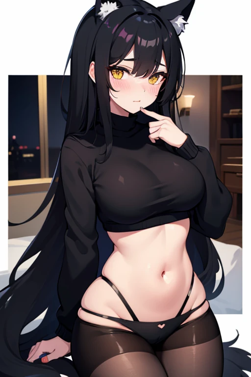 Hot girl, Beautiful long black hair, bright yellow eyes, big but medium breasts, big hips, black sweater, black panties, no pants, big wolf ears, blush, at a living room