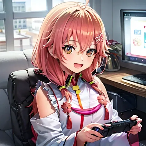 Sakura Miko happily playing video games