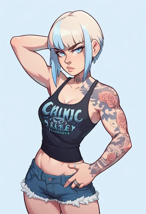 1 woman,  light blond hair ,  light blue eyes ,  fair skin , fringe,  athletic body ,  two ring tattoos on each forearm,  Simple background , Clothes a tank top and denim shorts, Serious, dark circles