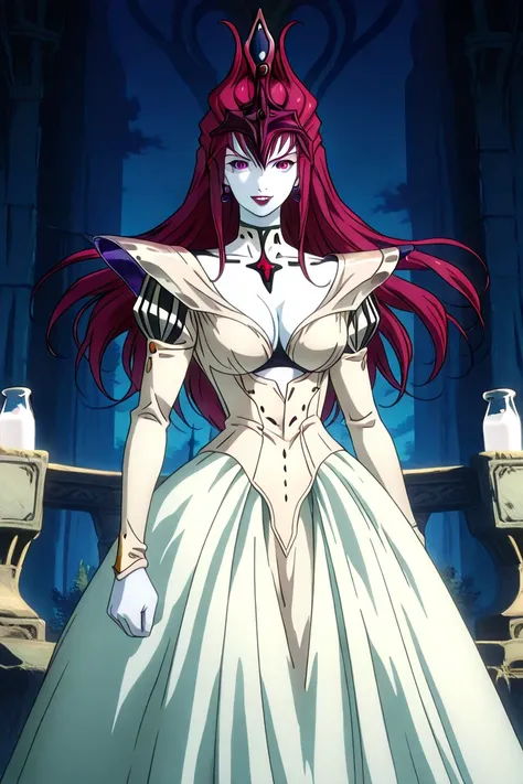 Masterpiece, best quality, highly aesthetic, absurdres, source_anime, solo, mature_female, (Elizabeth Barthory:1.6), vampire, (burgundy hair:1.5), (flowing hair:1.3), (milk-white skin:1.6), (pink eyes:1.3), (leather armor:0.8), stylized red Burgundian gown...