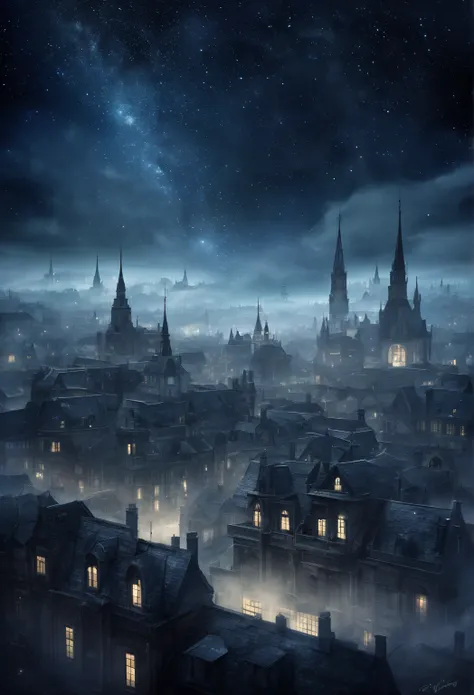 Foggy city, dark fantasy, starry sky, Victorian, white buildings