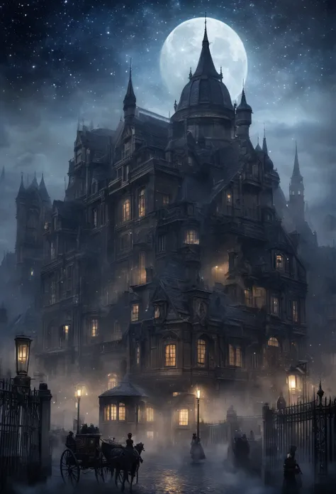 Foggy city, dark fantasy, starry sky, Victorian, white buildings