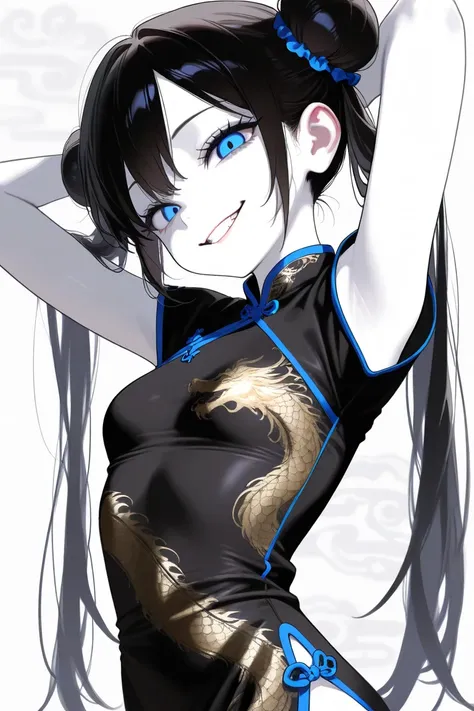 (Best Quality, Background Detail), Best Quality, Original Detail Dynamic Art, Anatomically Correct, Blue Eyes, Image from Waist, Aside, One Girl, Provocative Gaze, Evil Smile, (White Skin), Twin Tails in a Bun, Dark Hair, (Black Chinese Dress), (Shading), ...