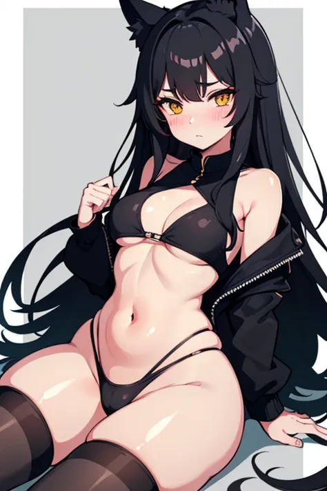 Hot girl, Beautiful long black hair, bright yellow eyes, black Sexy backless one-piece swimsuit, big medium breasts, big hips, A black jacket with NO panties and long black sheer socks, big wolf ears, blush, at a lake