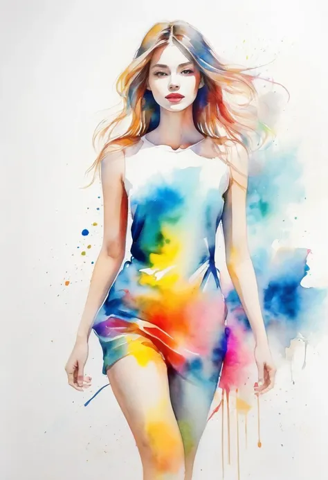 Abstract　modern art　whole body　Girl　watercolor　White background　Bright colors　Pencil drawing　Blur　high quality