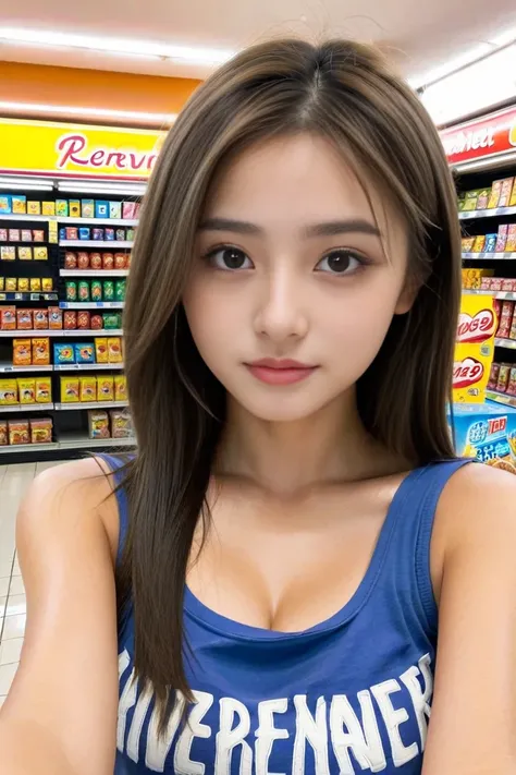 18 year old student、 selfie、Wide necklineｔ shirt、Moderate bust、 inside a convenience store 、 upper body、