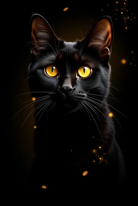 " A mystically looking black cat ,  with bright golden eyes that reflect a supernatural glow ,  surrounded by golden particles that magically float in the air . The background is black, , highlighting the contrast of the cat's dark fur and the golden flash...