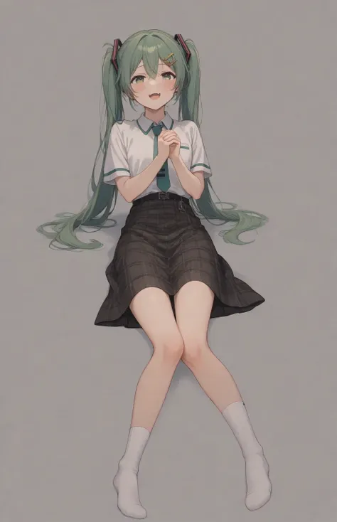 Fujoshi Miku , 1 , (((alone!!!!))),   Hatsune Miku  , 
((((( cross hair ornament !!!!)))),  green hair,  long hair , white shirt,  collared shirt,  short sleeves ,   folded inward , dark plaid skirt , midi skirt,  white socks,
(remo, yaoi remo, holding yao...