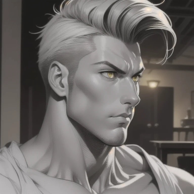  manga style pencil drawing in shades of gray of a handsome and tired man,  short hair, omnipotent male entity ,  shiny golden eyes, side-by-side profile 