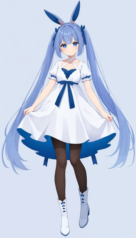 front　Standing still　 dark blue twin tail hair　 dress （rabbit motif　White and light blue　ロング dress ）　heeled boots 　blue eyes　Energetic quiescence