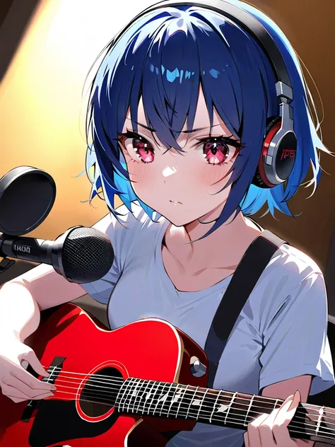   1 girl, Masterpiece,   high resolution,  High school student with short blue hair and striking red eyes , Blue-haired,  Short-haired schoolgirl with red eyes, A blue-haired female guitarist with short hair is in a recording studio, wearing headphones whi...