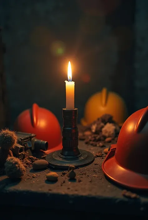 A sad picture for the deceased miners. Should contain the symbols of mining, velenya, should contain carnation, let there be no people, should contain a hack, a real mining flashlight and three helmets, candle.