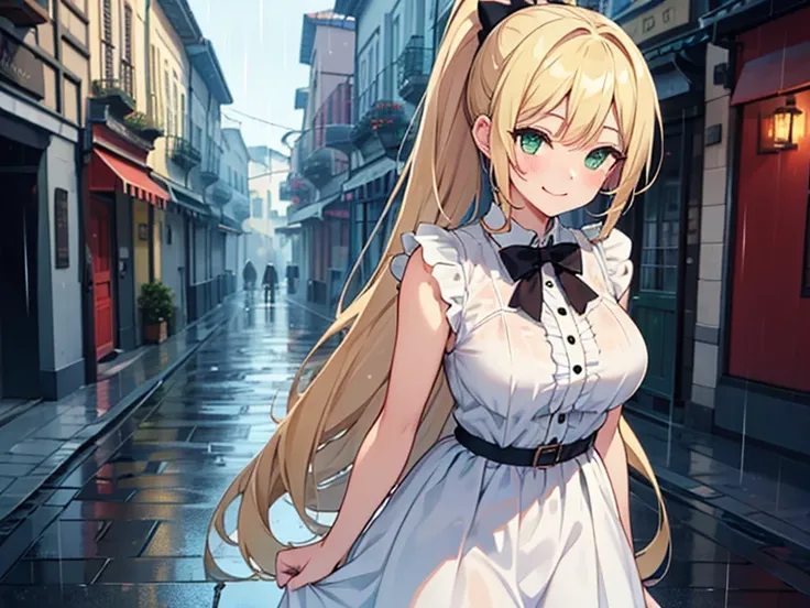  blonde　  ponytail　 green eyes　 white dress　Melancholic　smile　rain　 under the breast　Townscape　walk　Wink　 1 girl,  high resolution, Blonde,  very long hair that gives off a bow, rainbow,  best quality , 