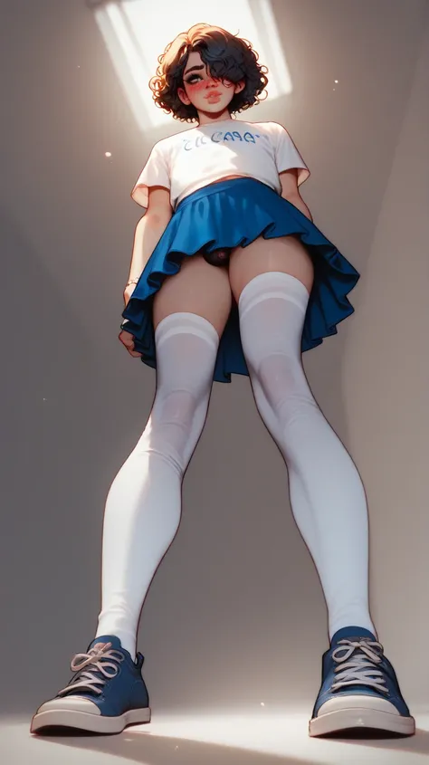 1 femboy,  short wavy hair , cabello negro,  An eye covered by your hair, blushing, Cat-shaped t-shirt , blue skirt,  long white stockings ,  Shoes, standing, bottom view, Focus below the skirt