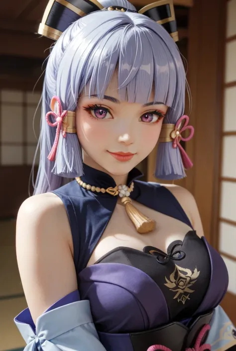 Anime girl with purple hair and purple eyes in a purple costume, Ayaka Genshin impact, [[[[ smiling maliciously ]]]], akasuki void star, Retrato de Onmyoji, hajime yatate, anime moe art style, portrait knights of the zodiac , Keqing de Genshin Impact, Ayak...