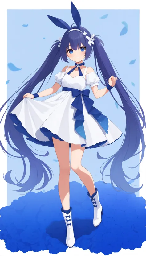 front　Standing still　 dark blue twin tail hair　 dress （rabbit motif　White and light blue　ロング dress ）　Bunny ears（white）　heeled boots 　blue eyes　