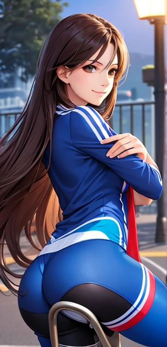 woman, smile, long hair brown, dark, she is solo, from alternative world ,best quality, realistic, cycling blue and red color suit and cycling sports shorts