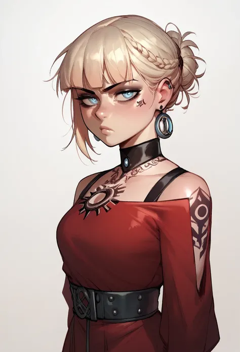 1 woman,  light blond hair ,  light blue eyes ,  fair skin , fringe,  corpo Atlético,  two ring tattoos on each forearm,  simple background, Clothes a red dress , sexy clothes, Serious, dark circles