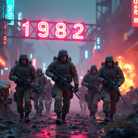 Soldiers, war, neon colours, written “1982”