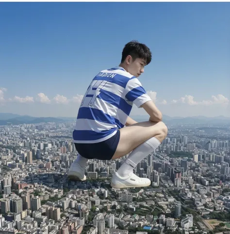 A young giant Chinese boy , 18 years old teenager , with a handsome looking face, wearing a black boxers brief and long black socks. He has six pack body. The giant boy is 3000 meters tall which is 3 kilometers tall. He is on the ground of tiny cities. All...