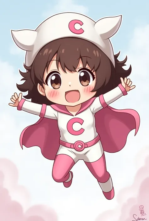 A  Japanese girl,  a bit chubby , Curly brown hair. Girl in a superhero costume. White costume with pink details with cover. White cover with the letter C in pink on the highlighted cover. Flying girl looking at the viewer with a cheerful smile. 