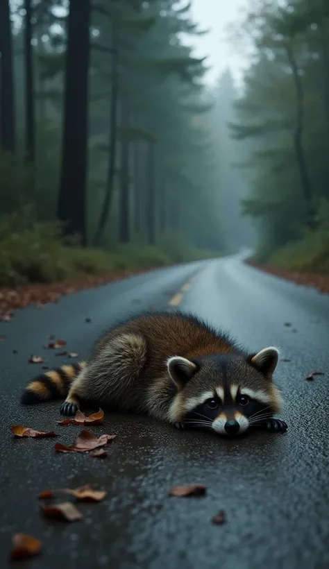 A baby raccoon lying on the forest road, injured and bleeding after being hit by a car. The raccoon has a small wound on its side, with blood visible on the fur, and it's struggling to move. The surrounding forest is dense, with tall trees and scattered fa...