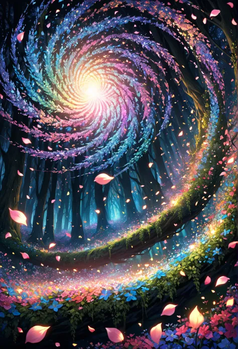  PETALS SPIRAL IN THE WIND FLOATING MANY PETALS FLOATING IN THE AIR SPIRAL SPIRALING FLOATING PETALS (no one) Mysterious Light Source , Deep Light、 Mysterious Curious Glowing Magic Glowing Particle Effect Complex Detailed Petals Dynamic Stage Petals Flashi...