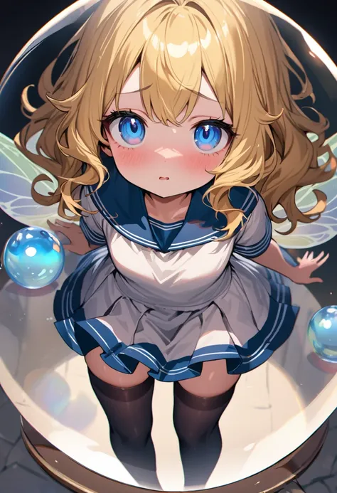 masterpiece,perfect face,best quality,expressive eyes, ultra detailed,full body shot,solo,(1 fairy girl), (tiny body,smaller than glass ball,she is 20 cm tall,),solo, (golden hair), blue eyes, middle wavy hair, wavy siderock, sulking, dissatisfied,( fantas...