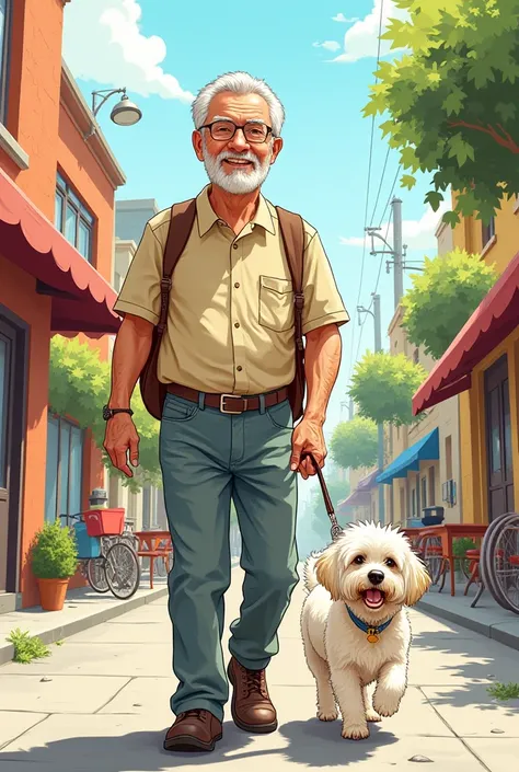 Colourful drawing of a 60-year-old man without a beard without mustaches walking a small white dog 