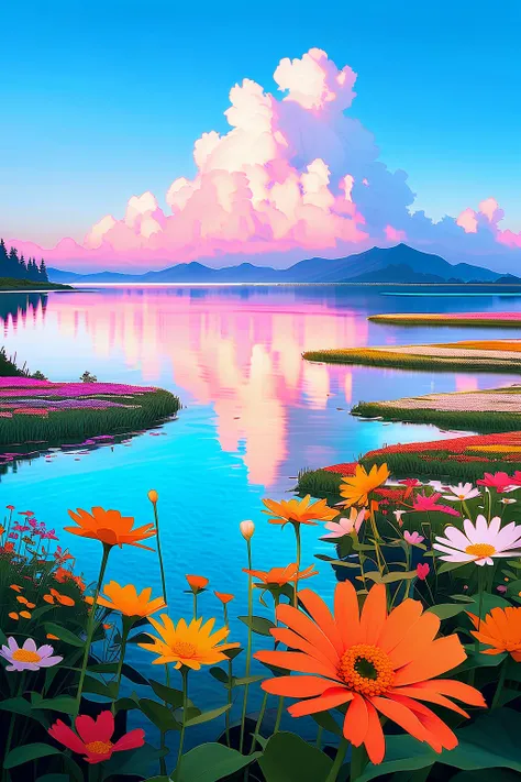 Score 9, Score 8 Up, Score 7 Up, (Best Quality), ((Excellent))Colorful photo: Foreground: Pink, red, blue and orange flowers in bloom. Midground: A bright blue lake or ocean. A flower field leads down to the lake. Background: A bright blue sky. Overall moo...