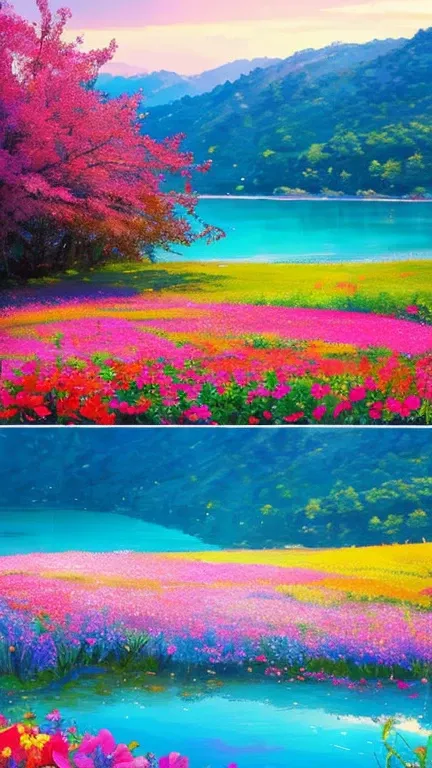 Score 9, Score 8 Up, Score 7 Up, (Best Quality), ((Excellent))Colorful photo: Foreground: Pink, red, blue and orange flowers in bloom. Midground: A bright blue lake or ocean. A flower field leads down to the lake. Background: A bright blue sky. Overall moo...