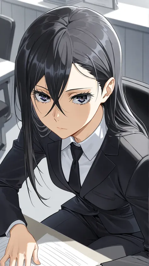 silver( Bungo Stray Dogs)
High quality ,  best quality , masterpiece,  High Resolution , detailed face , anatomically correct,
alone, 1 woman,alone, adult woman
 close up,
Office, desk, chair
Long hair  ,  black hair,Straight Hair, long bangs,Bangs between...