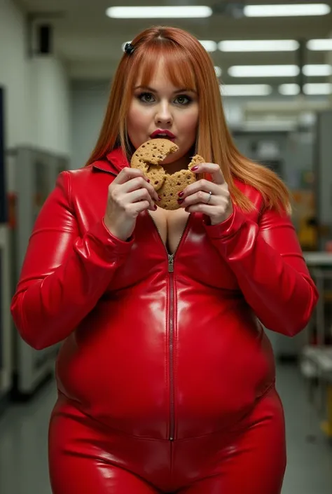 women in a her bright red latex spy suit, saggy large boobs, compulsively eating cookies from a box, bright lighting, detailed face, large fat waist, hypnotized, medium close-up, double chin, fat belly shown, inside a cookie factory, eyes opened, looking a...