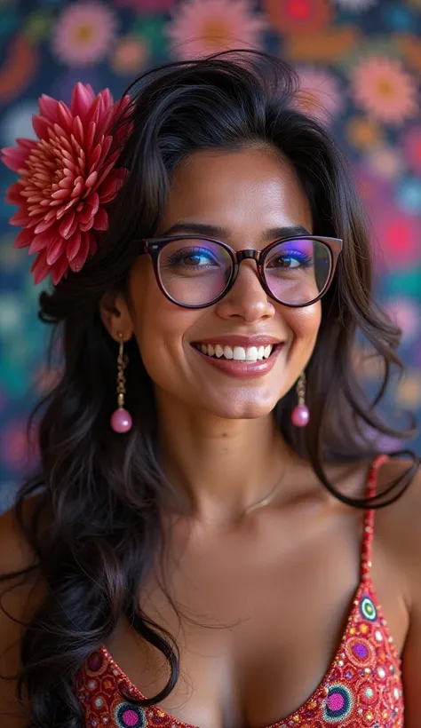  smiling woman with glasses and a flower in her hair,  30-year-old woman , 30 years old woman, Alanis Guilherme, Lorena Avarez, 2 , 38 years old,  professional profile picture , 2 , 2 , betty a feia, 3 , 2 , professional HD photo , ( best detail ), ( best ...