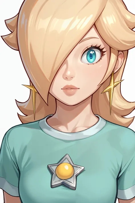 score_9, score_8_up, score_7_up, source_anime, rosalina, blonde hair, blue eyes, hair over one eye, long hair, star earrings, solo, cowboy shot, black t-shirt, taut clothes, tight shirt, close-up