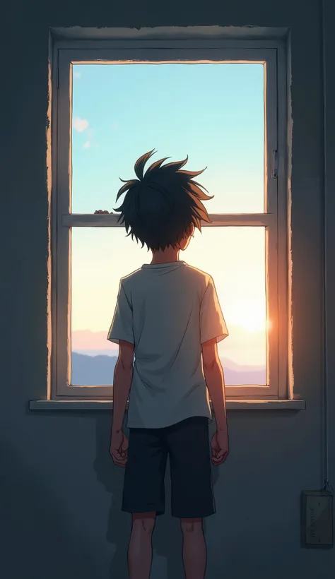 The young boy stands by the window, looking out toward the horizon, his eyes large and intense, reflecting his desire for a better future. His hands are clenched in determination, symbolizing his resolve. His hair is slightly messy, but his posture is conf...