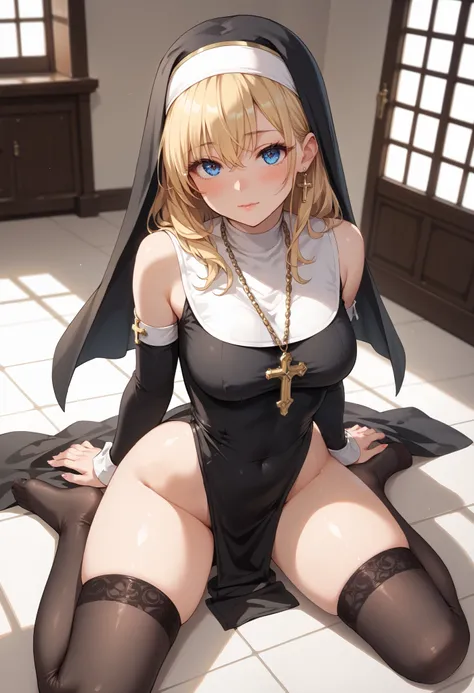 1girl, solo, dutch angle, from above, looking at viewer, blonde hair, hair tied back, bangs, blue eyes, (beautiful detailed eyes: 1.2), nun veil, revealing nun attire, bare shoulder, thigh-high stockings, thicc thighs, kneeling on the floor, legs spread, e...