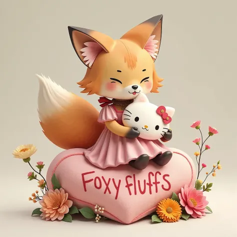 Wooden Anime Anthro Fox Girl,tongue sticking out, crossed eyed smile, fox ears and single fox tail,ribbon choker, wearing a crop top pastel pink velvet dress with a long skirt and hugging a plush hello kitty pillow while sitting on a plush heart shaped pla...