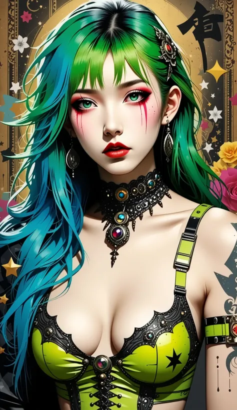 One girl、((tattoos)), Excellent anatomy, masterpiece, Highest quality,Realistic, hyperRealistic, 16k hdr,NSFW、Long neon green Hair、Straight Hair、bangs、freckles、high school girl、Slender、Slender body、asian high school girl, huge breasts, cleavage, Lewd, horn...