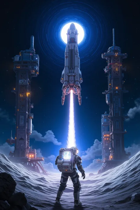 Moon Base Large Tech Space Rocket Spaceman Stands Wide Angle on the Moon Future Technology （Perfectly Correct  、  Perfect Anatomy  ） Surreal Future Technology Effect Holographic Lighting Effect ，  Alina ， Extremely complex and exquisite details， The overal...