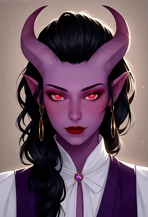 Image close to a woman's face,  detailed face, purple robe, long earrings, seductive,  black hair, tiefling, d&d tiefling,  she's wearing a white dress shirt, with a red vest over the top 