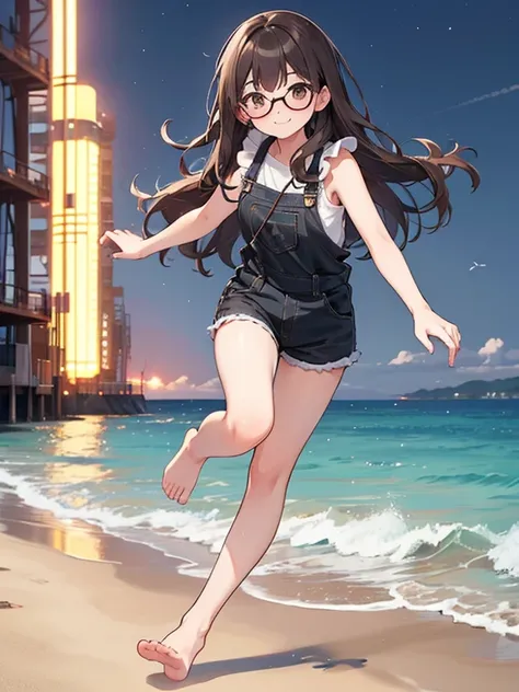  1 female、 brown hair 、 brown eyes 、 black-framed glasses 、 seductive 、 beautiful faces 、 perfect body。 Full body ,  envelopes、 ultra Detailed 、 resolution 8k、photo and rude。  running on the beach  。 sleeveless shirt, barefoot,  evening dress、shorts and ov...