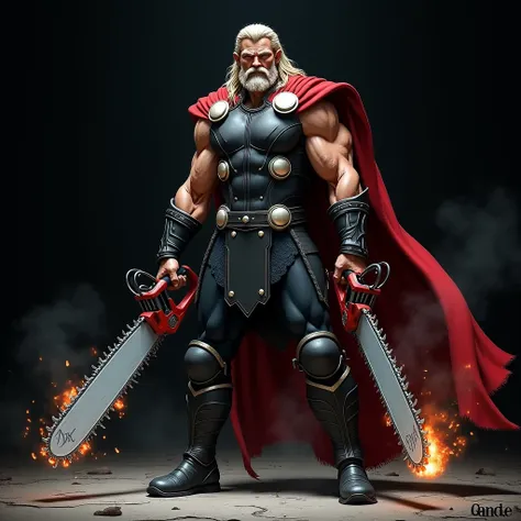 Thor with two chainsaws in his hand with black background 