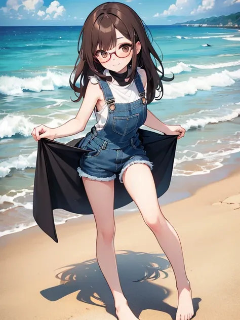  1 female、 brown hair 、 brown eyes 、 black-framed glasses 、 seductive 、 beautiful faces 、 perfect body。 Full body ,  envelopes、 ultra Detailed 、 resolution 8k、photo and rude。  running on the beach  。 sleeveless shirt, barefoot,  evening dress、denim shorts ...