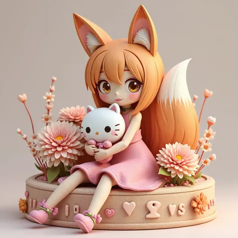 Wooden Anime Anthro Fox Girl,tongue sticking out, crossed eyed smile, fox ears and single fox tail,ribbon choker, wearing a crop top pastel pink velvet dress with a long skirt and hugging a plush hello kitty pillow while sitting on a plush heart shaped pla...